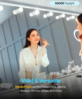 Woman applying makeup under G25 LED Globe Light Bulb 10 Pack Dimmable E26 Base 6W 450 Lumen 5000K Daylight Vanity Mirror Bath Lighting UL Listed Decorative Round Bulb for Energy Saving.