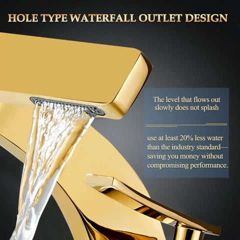 Single Hole Bathroom Sink Faucet With Single Handle Hot And Cold Water Mixer Tap featuring a gold tone waterfall outlet design