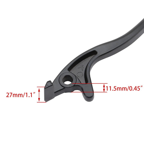 Close-up of left hydraulic disc brake lever for 50cc to 125cc Chinese dirt bikes with measurements, ergonomic design, billet aluminum.