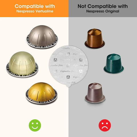 Reusable Vertuo Capsule Kit showing compatibility with Nespresso Vertuo pods and incompatibility with Nespresso Original pods.