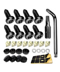 Hella Tough Anti Theft License Plate Screws Kit with stainless steel tamper proof bolts and fasteners, includes eight black screws and accessories.