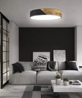 Wood Round Flush Mount Ceiling Light 12 Inch 24W Not Dimmable Natural White 4500K LED Fixture in stylish living room.