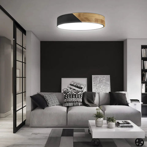 Wood Round Flush Mount Ceiling Light 12 Inch 24W Not Dimmable Natural White 4500K LED Fixture in stylish living room.