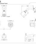 Design schematic of Twin Acrylic Handle Tub And Shower Faucet With Polished Brass Finish, Wall Mount Design, 5-Inch Spout Reach.