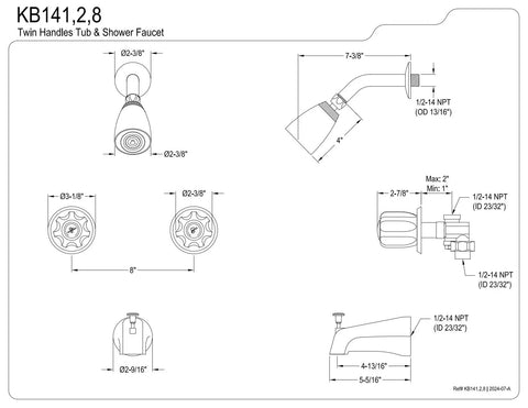 Design schematic of Twin Acrylic Handle Tub And Shower Faucet With Polished Brass Finish, Wall Mount Design, 5-Inch Spout Reach.