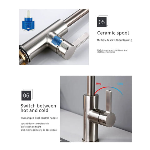 360° Swivel Stainless Steel Kitchen Faucet PullDown Sink Mixer Tap Polished Chrome handle with ceramic spool for hot and cold water.