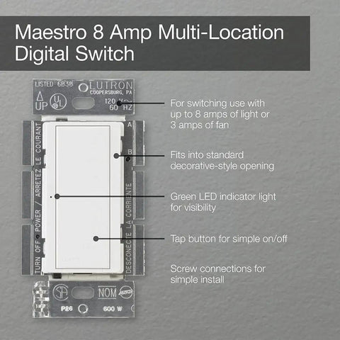 Maestro 8A Digital Light Switch For Single Pole And Multi Location, White Finish with LED indicator and tap on-off button