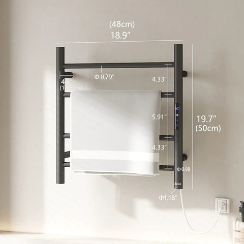 4 Bar Heated Towel Rack For Bathroom, Wall Mounted Electric Towel Warmer With Timer, Plug In Stainless Steel Towel Dryer In Matte Black showing dimensions