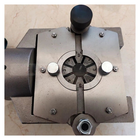 Manual Hydraulic Crimping Tool For Automotive A/C Pipe Assembly close-up view of crimping head, featuring precision metal design and adjustment knobs.