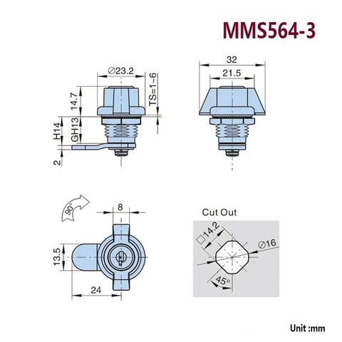Cam Lock Handle For Storage Box Jewelry Case Mail Box Electronic File Cabinet Office Security Lock MS564H technical drawing