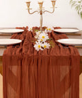 Rustic Terracotta Table Runner Hand Dyed From Breathable Cheesecloth on a table, 35"W x 120"L, perfect for wedding or Thanksgiving.