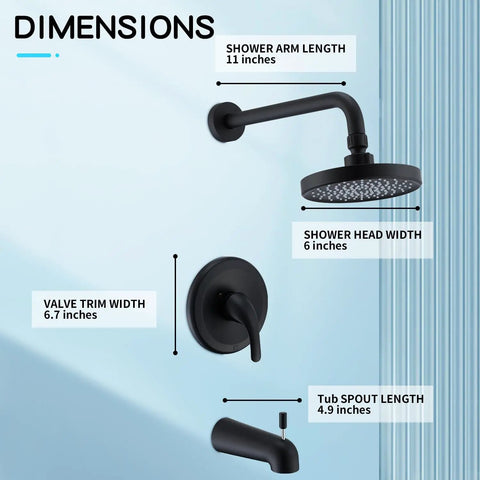 Shower Tub Kit With Single Handle Trim And Valve Included Built To Last Matte Black Finish 6 Inch Rain Shower Head Dimensions