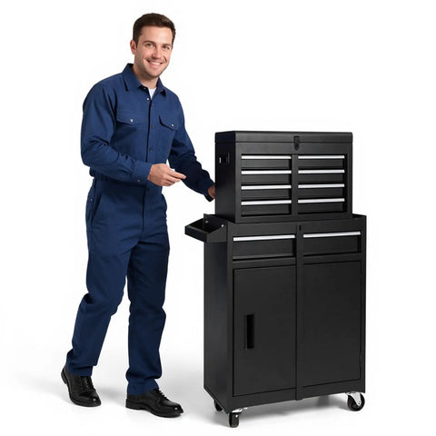 No Bull Heavy Duty Tool Organizer Chest With Boss Level Five Drawer Capacity and Detachable Top Bin, mechanics using in a garage.