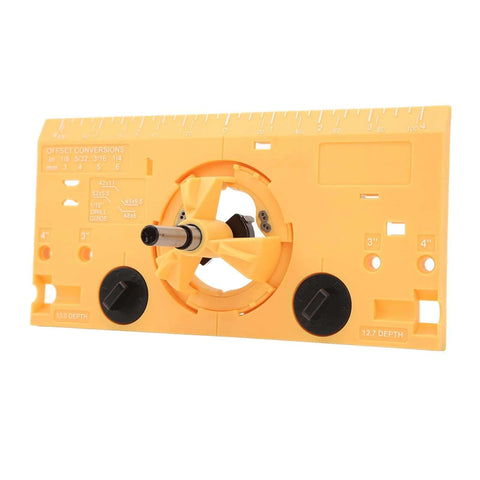 Front view of Amazon 35mm hinge boring jig kit, yellow ABS plastic with cutter and 1/16 in bit.