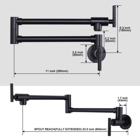 Oil Rubbed Bronze Pot Filler Faucet With Solid Brass Build, wall mounted double joint swing arm with measurements