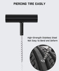 Heavy Duty Tire Repair Kit 24 Piece Universal Plug And Patch Set T-handle tool piercing tire with stainless steel probe.