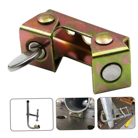 Pro Grade Magnetic Welding Clamps V Type Fixture Set, Stainless Steel Hand Tools, Adjustable Magnetic Base For Round, Flat, And Angled Surfaces, Heavy Duty 4 Piece Metalworking Clamp Kit, showing various installation views.
