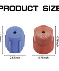 Product size image of 10Pcs A C System Valve Cap Set for R134a Vehicles showing blue low-side and red high-side caps