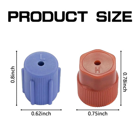 Product size image of 10Pcs A C System Valve Cap Set for R134a Vehicles showing blue low-side and red high-side caps