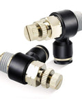 Three Pack Push To Connect Air Line Fittings With Ninety Degree Elbow And Air Flow Control Valve One Quarter Inch Tube Outer Diameter By Three Eighths Inch NPT Thread Pneumatic Quick Fit For DIY Shop Use Handy Air Tool Setup.