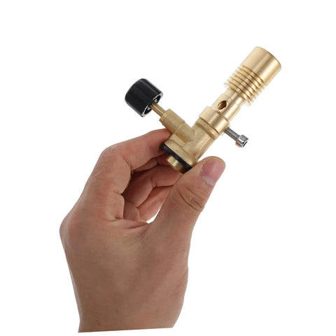 Hand holding Portable Gas Blowtorch Head For Camping And Outdoor Cooking, Propane Bunsen Burner with Durable Brass Construction