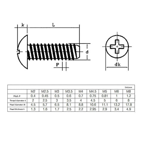Diagram of Premium 50 Piece Pack Of M3 And M3.5 Cross Recessed Cheese Head Screws with dimensions and specifications.
