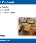First Aid Only 4-Piece Eye Wash Kit: 1 eye wash, 2 sterile eye pads, 1 1/2 in x 5 yd first aid tape; First Aid Only branding.