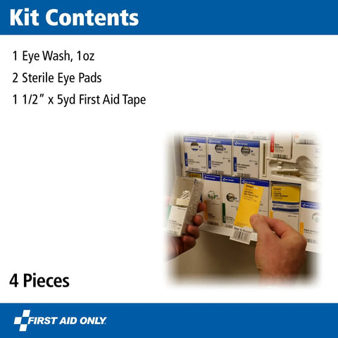 First Aid Only 4-Piece Eye Wash Kit: 1 eye wash, 2 sterile eye pads, 1 1/2 in x 5 yd first aid tape; First Aid Only branding.