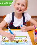 Child using Farm Animal Desk Name Plates for Kids, Back to School Classroom Decor, 36 Pack Primary Students Desk Tags at desk.