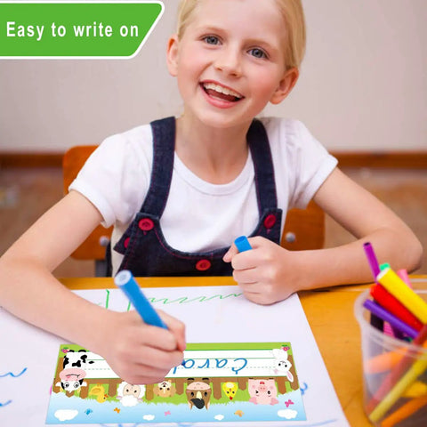 Child using Farm Animal Desk Name Plates for Kids, Back to School Classroom Decor, 36 Pack Primary Students Desk Tags at desk.