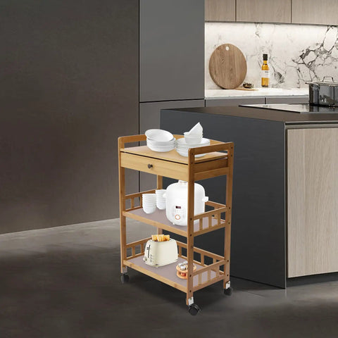 Heavy Duty Rolling Kitchen Cart With Drawer, Three Tier Bamboo Utility Island For Microwave And Coffee Station with dishes and appliances.