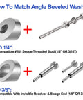 Angled Beveled Washer Set for Cable Railing, Fifty Pack, One Quarter Inch ID, Angles 25 30 35 Degrees, shown with bolts