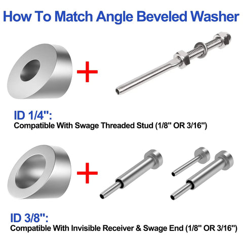 Angled Beveled Washer Set for Cable Railing, Fifty Pack, One Quarter Inch ID, Angles 25 30 35 Degrees, shown with bolts