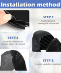 Installation method for Extended FR Cotton Welding Hood Cover With U Shaped Press Fit Seal showing three steps and helmet fitting