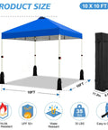 10x10 Pop Up Canopy Tent With One Button Push Setup, Adjustable Height shown in blue with dimensions and roller bag