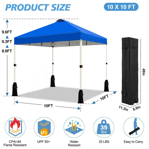 10x10 Pop Up Canopy Tent With One Button Push Setup, Adjustable Height shown in blue with dimensions and roller bag