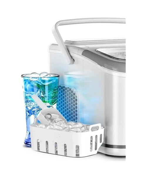 Portable Countertop Ice Maker Machine Makes 28 Pounds Of Fresh Ice Daily With Self Clean Function and Easy Touch Controls with ice in basket and drinks.
