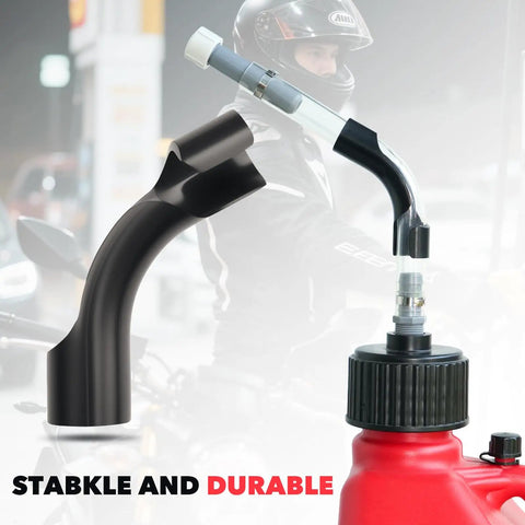 Rugged Heavy Duty Racing Fuel Jug Replacement Kit with hose bender attached to a red 5.5-gallon jug, universal fit for VP Racing EGS Scribner.