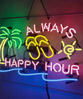 Happy Hour Neon Sign Handmade Real Glass Neon Tube Light For Home Bar Man Cave Pub Store Restaurant Wall Decor Artwork Multicolor Glow Lit Ideal For Home Bar Decor Man Cave Vibes Restaurant Signage 19x15 featuring palm tree and sun design.