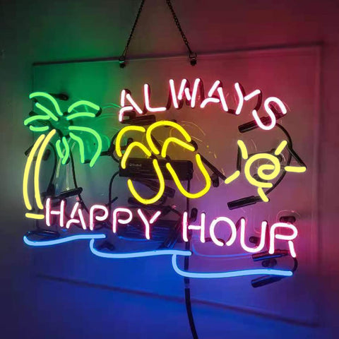 Happy Hour Neon Sign Handmade Real Glass Neon Tube Light For Home Bar Man Cave Pub Store Restaurant Wall Decor Artwork Multicolor Glow Lit Ideal For Home Bar Decor Man Cave Vibes Restaurant Signage 19x15 featuring palm tree and sun design.