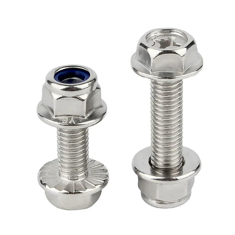 Cross Flange M6 Hex Bolts With Serrated Flange Heads And Anti Loosening Nuts Kit, stainless steel, close-up view.