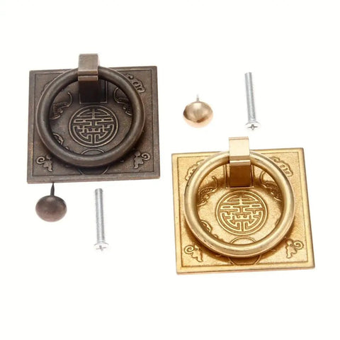 Antique Bronze Brass Cabinet Door Handles Set Of 2 With Vintage Chinese Drop Design For Drawers Cupboards And Wardrobes Easy Install With Screws And Durable Zinc Alloy For A Timeless Retro Home Upgrade, showing front view of two square handles with ornate engravings.