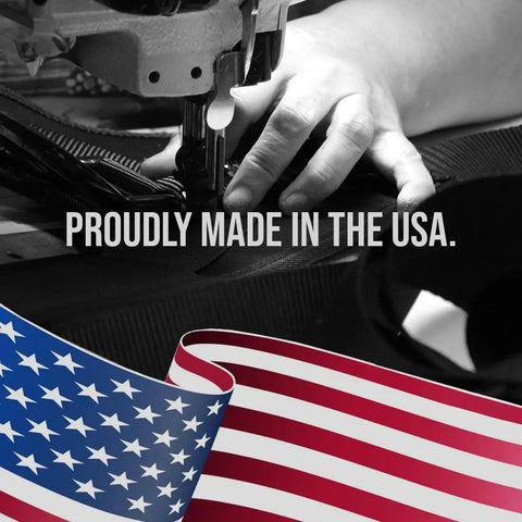Close-up of hands sewing fabric with an American flag and 'Proudly Made in the USA' text overlay.