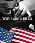 Close-up of sewing machine stitching with American flag and text 'Proudly Made in the USA'.