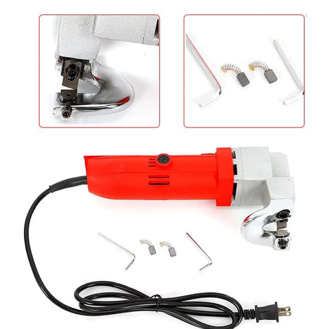 Sicwedim 500W Electric Metal Cutting Shears with red handle, accessories, and power cord for heavy duty metal cutting.