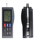 Slick Digital Surface Roughness Tester With Crisp Color Screen And Smart Backlight For Dead On Readings Anytime showing display and probe.
