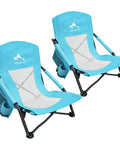 Two ultralight folding beach chairs in blue with breeze mesh back, cup holders, and carry bag. Low Beach Chair for Beach Tent and Camping, 2 pack.