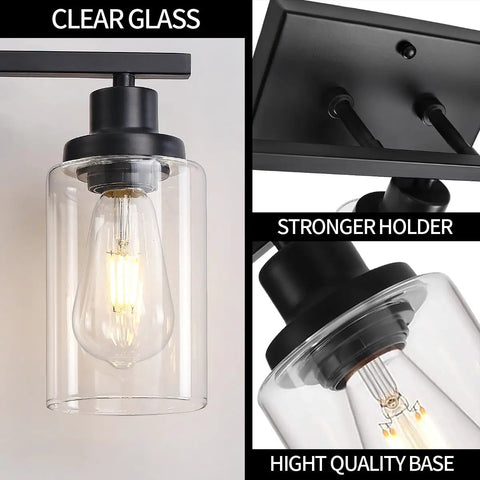 3 Light Black Vanity Light Fixture With Clear Glass Shades For Bathroom Mirror showing matte black finish and bulb holder.