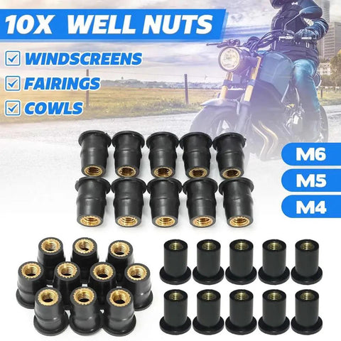 No Sweat 10 Pack M4 M5 M6 Rubber Well Nuts for Motorcycle Windshield Fairing and Boat Mounting, heavy-duty neoprene fasteners.