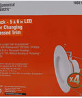 Packaging for 4-pack of 5/6 Inch Matte White LED Recessed Trim, color temperature select, dimmable downlight.